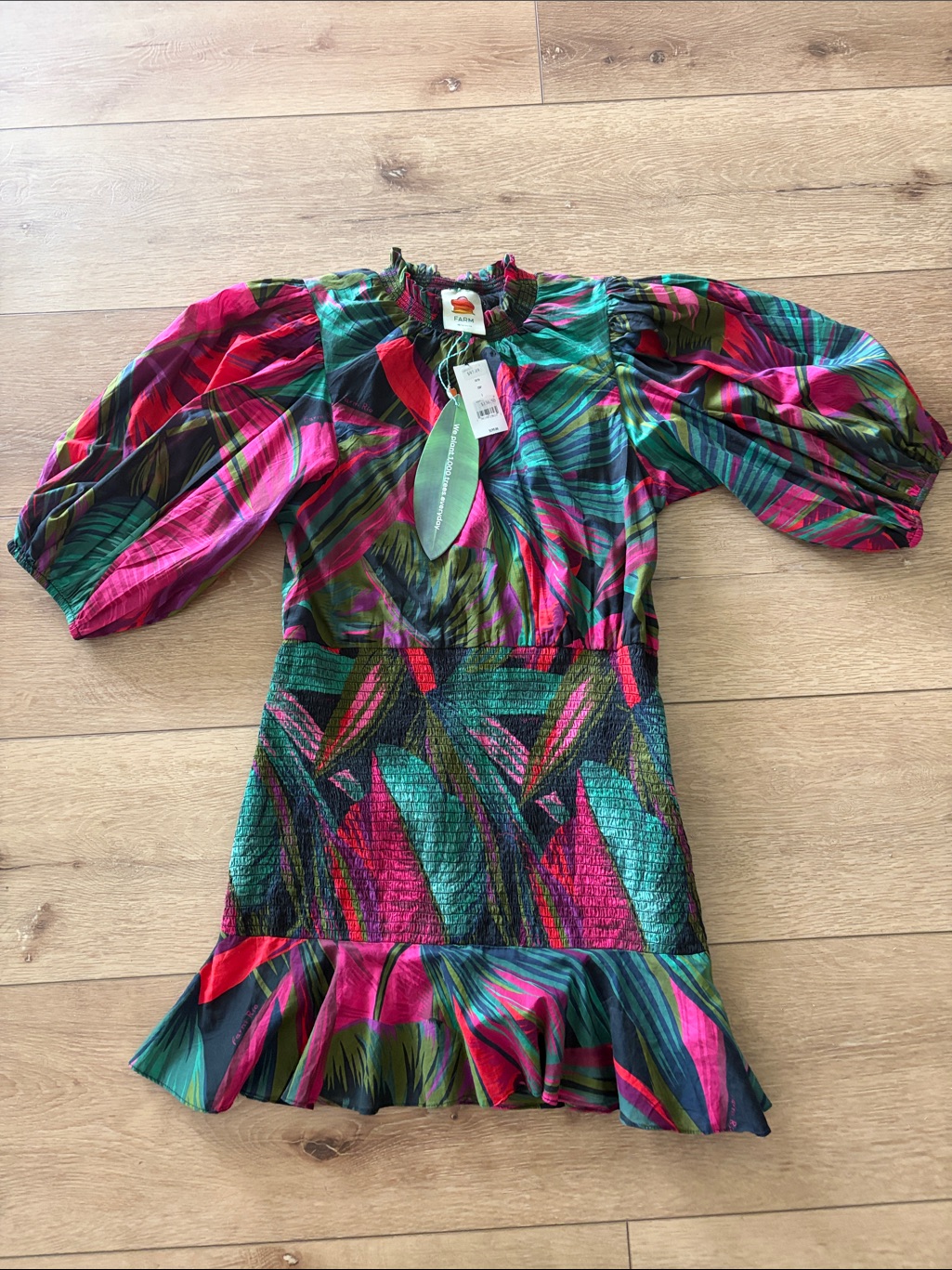 Brand New Farm Rio,Vibrant Multicolor Puff-Sleeve Mini Dress